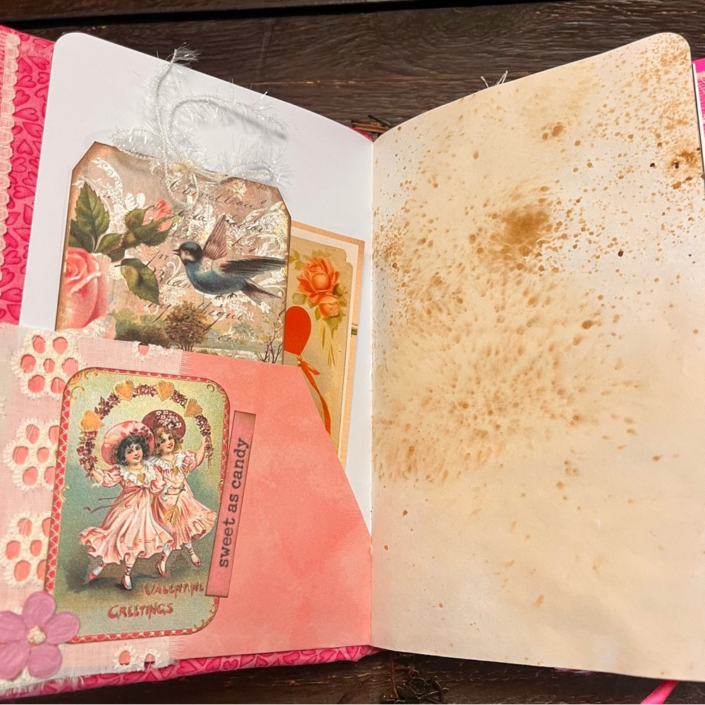 Valentine’s Junk Journal Pink Feminine Boho Grungy Lace Heart To My Valentine - Picture 10 of 16